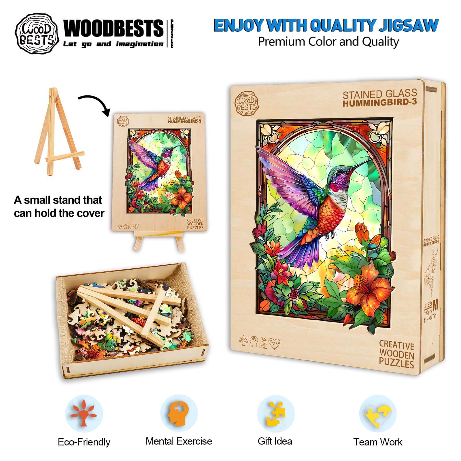 Stained Glass Hummingbird-3 Wooden Jigsaw Puzzle - Image 6