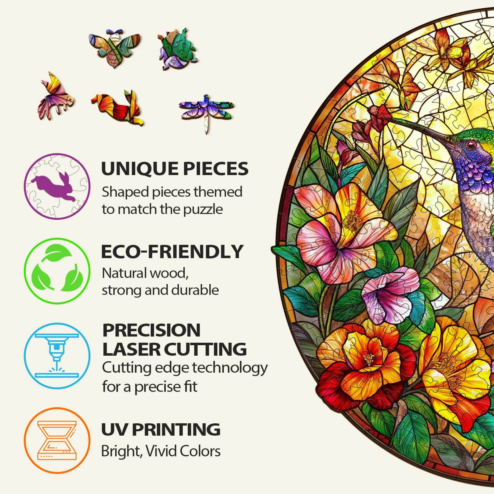 Stained Glass Hummingbird Wooden Jigsaw Puzzle - Image 5
