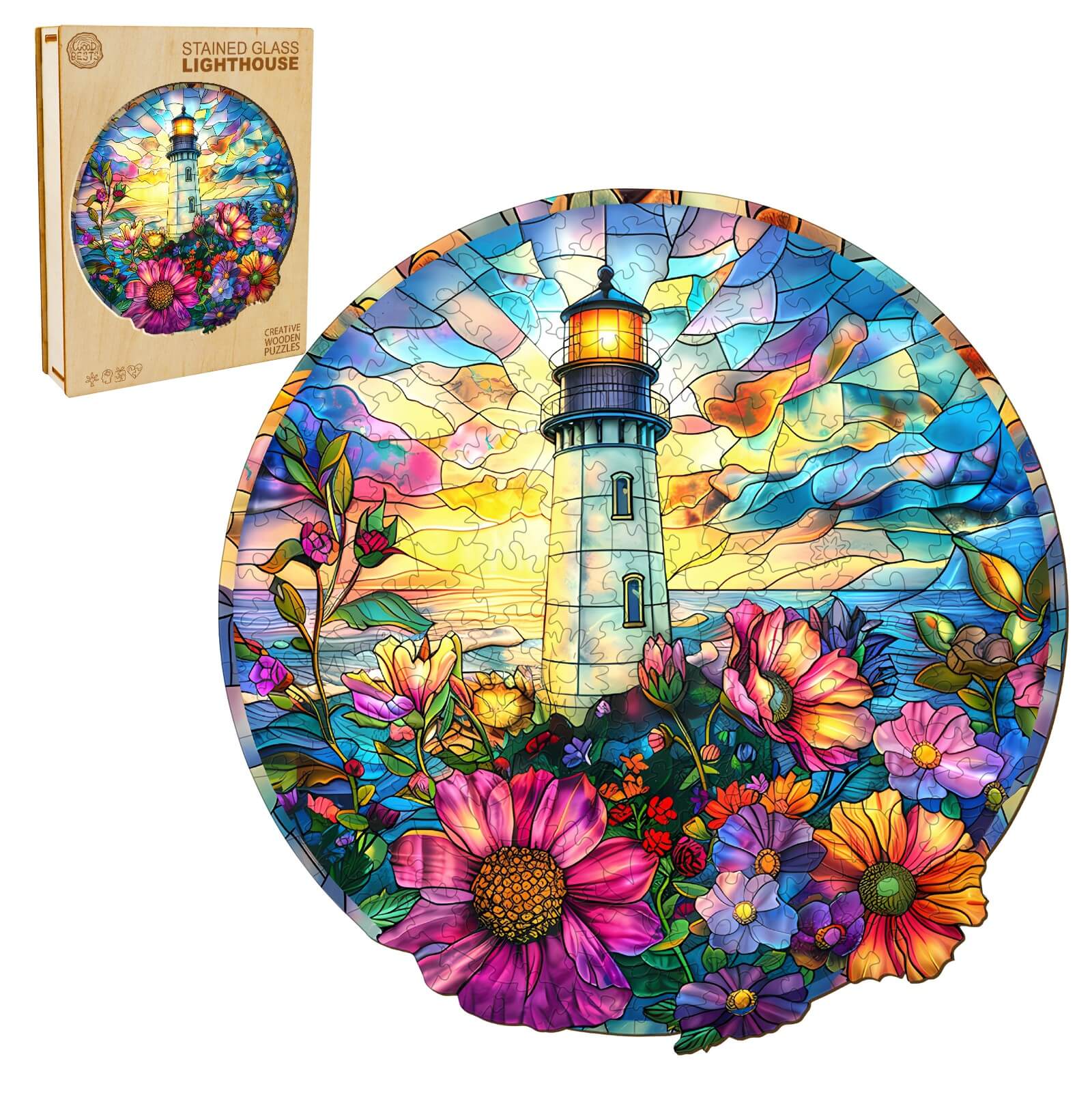 Stained Glass Lighthouse Wooden Jigsaw Puzzle - Image 3