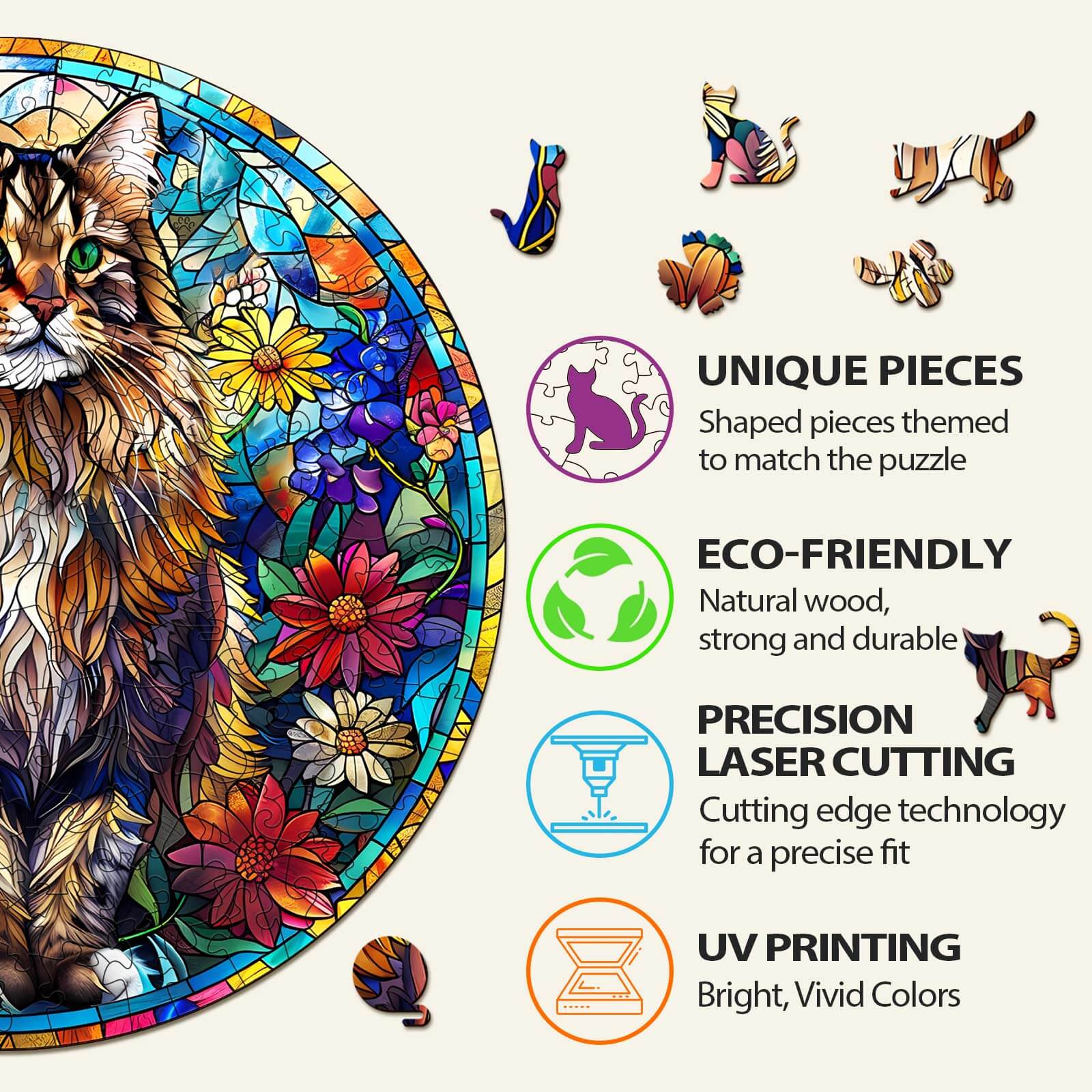 Stained Glass Maine Coon Wooden Jigsaw Puzzle - Image 5
