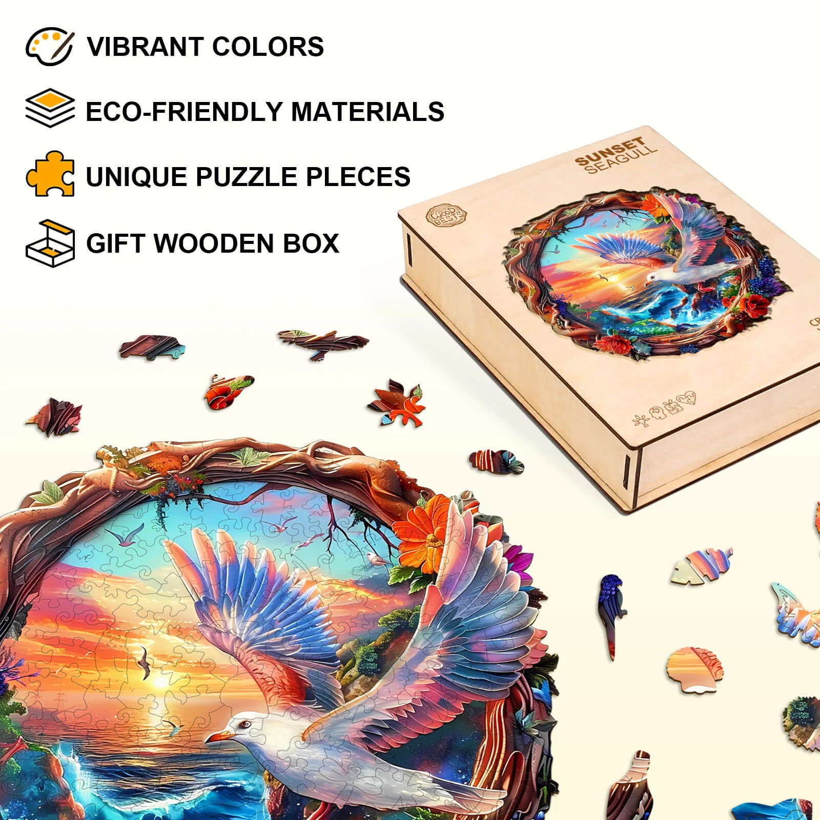 Sunset Seagull Wooden Jigsaw Puzzle - Image 4