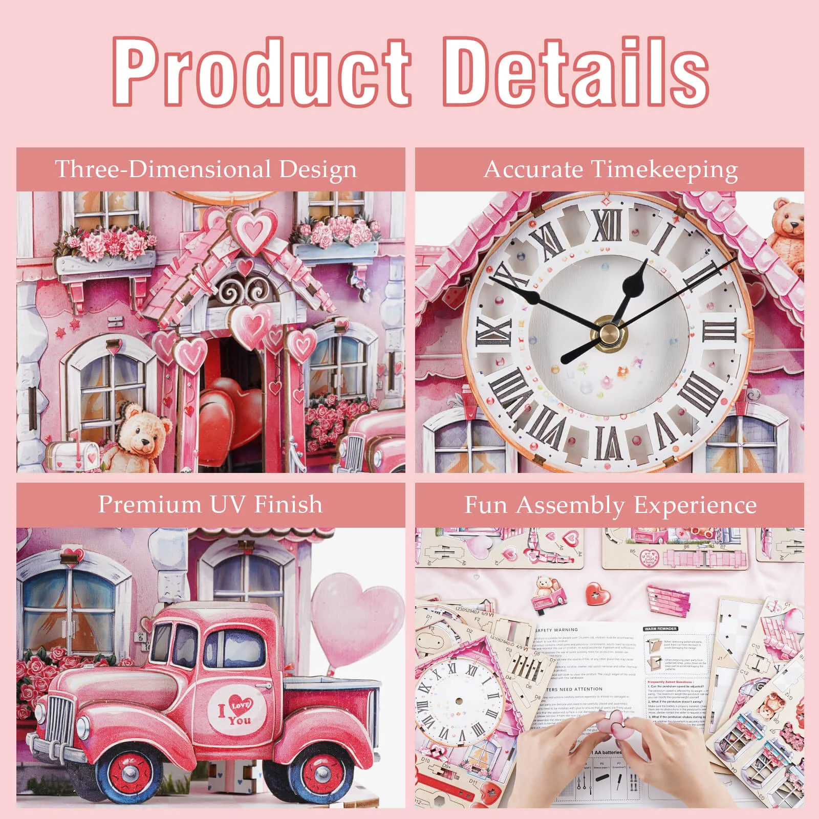 Sweetheart Cottage – DIY Wooden Clock, 3D Puzzle Craft Kit - Image 2