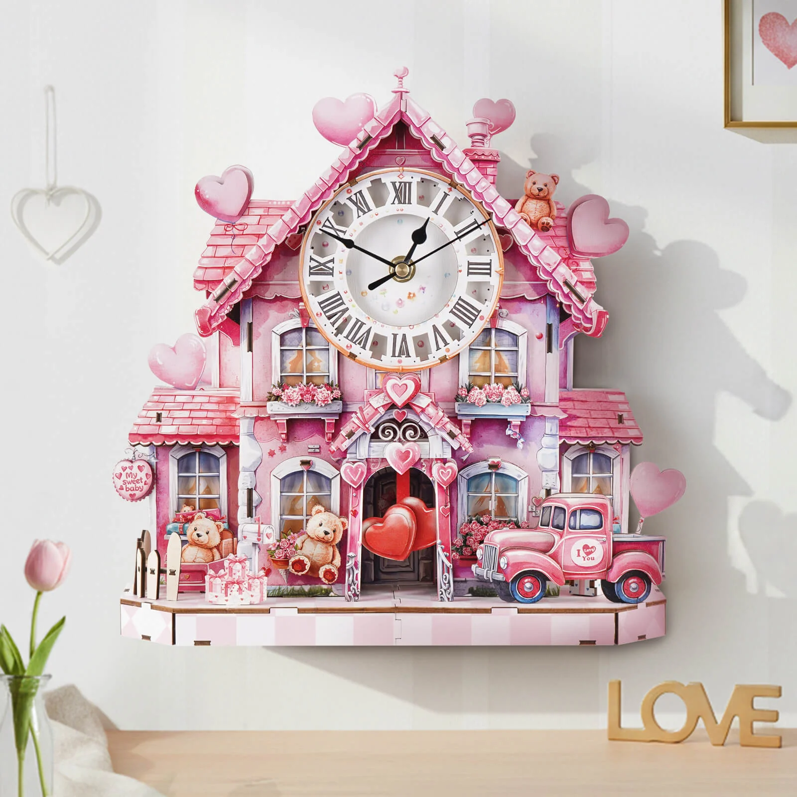 Sweetheart Cottage – DIY Wooden Clock, 3D Puzzle Craft Kit - Image 3