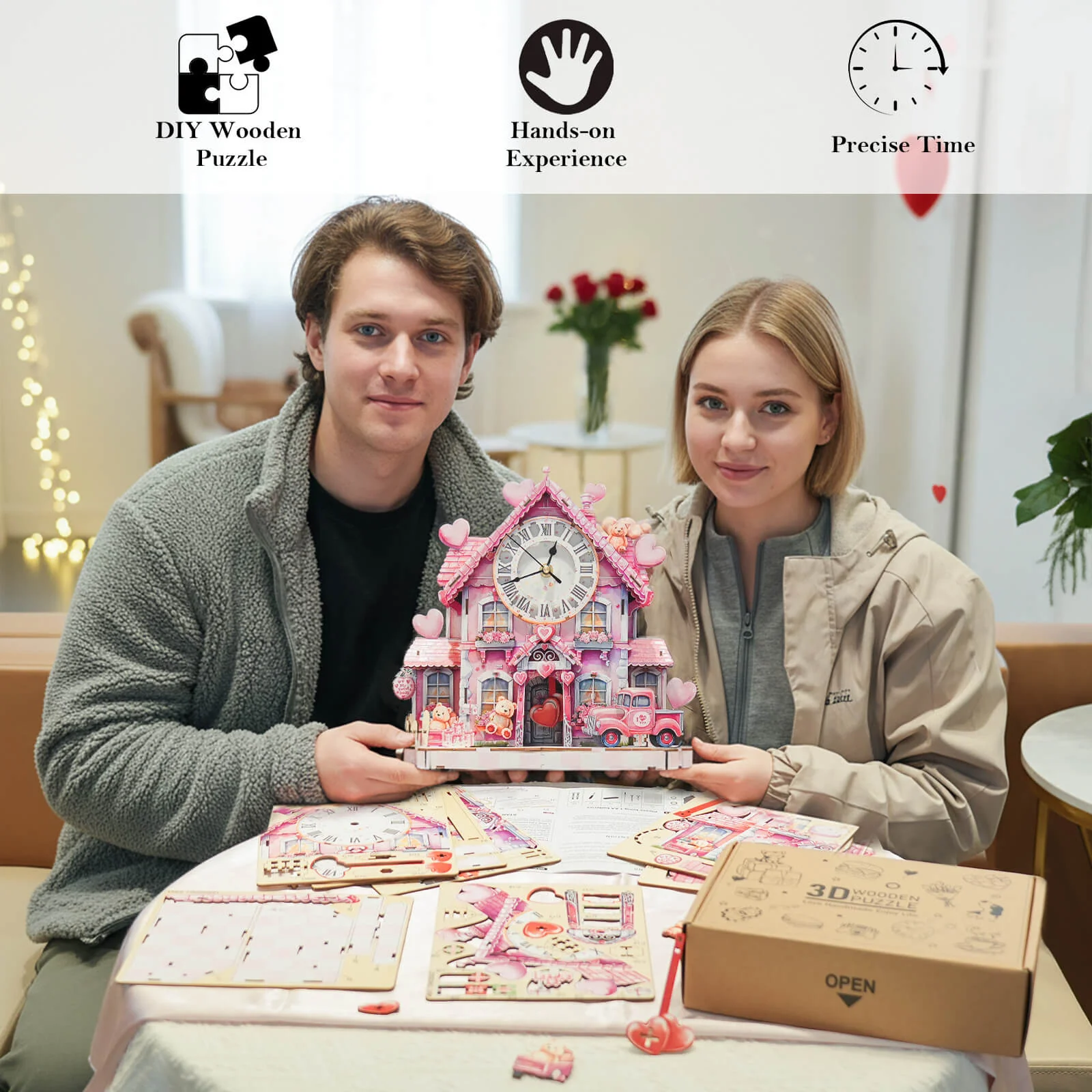 Sweetheart Cottage – DIY Wooden Clock, 3D Puzzle Craft Kit - Image 6