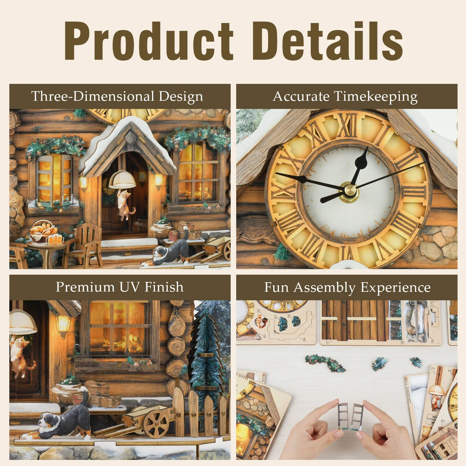 Swiss Chalet – DIY Wooden Clock, 3D Puzzle Craft Kit - Image 3
