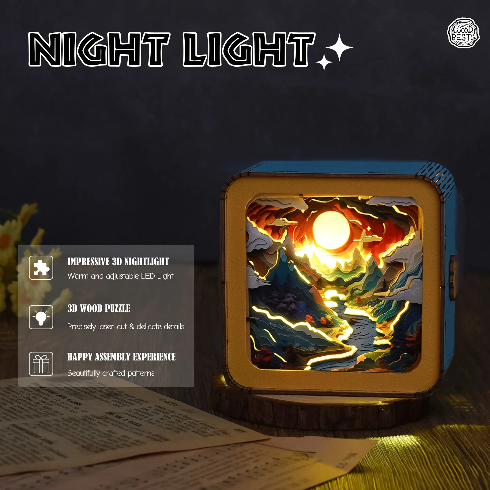Moonlit Mountain Kit - 3D Wooden Puzzle Night Light - Image 9